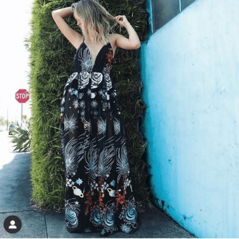 L’ARTISTE Rare Galaxy sheer embroidered star and moon spaghetti strap maxi dress